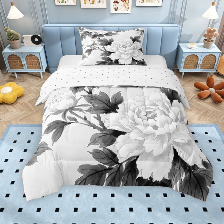 Erosebridal White Floral Twin Comforter Sets for Girls Women, Botanical Theme Bedding Set, Reversible, 2pcs