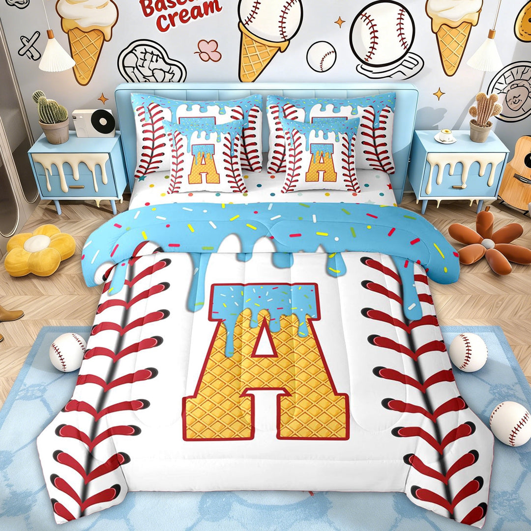 Erosebridal Initial A Letter Kid Twin Bedding Sets, Blue Ice Cream Baseball Bedding Comforter Set, 7pcs