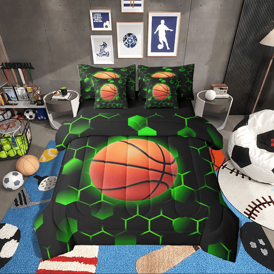 Erosebridal Gradient Honeycomb Bedding Sets Twin Size,Sport Basketball Comforter Sets with Sheets,Room Decorative,Reversible,Breathable,7-Piece