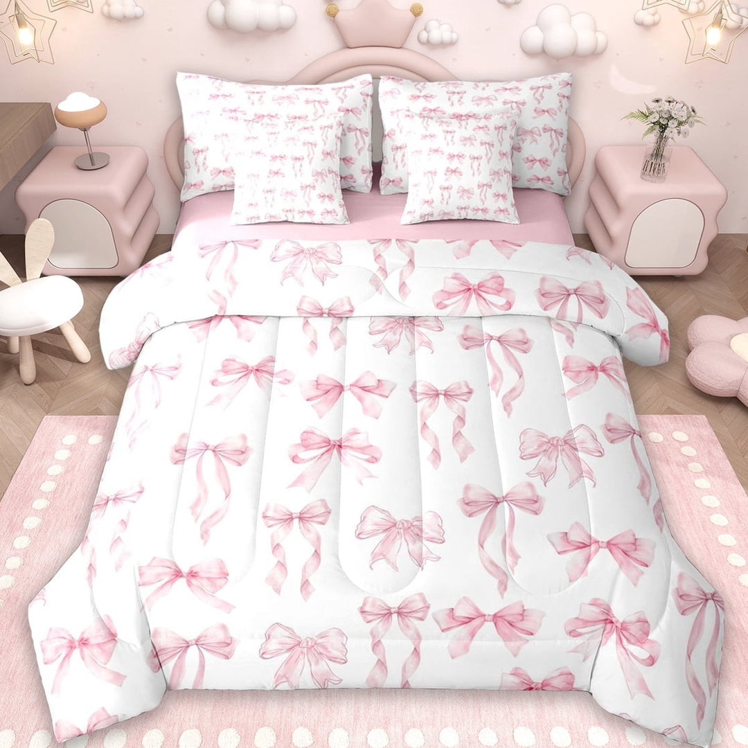 Erosebridal Cute Pink Bowknot 7-Piece Twin Bedding Sets For Girls,Dreamy Princess Style Kids Bedding Comforter Set,Reversible pink