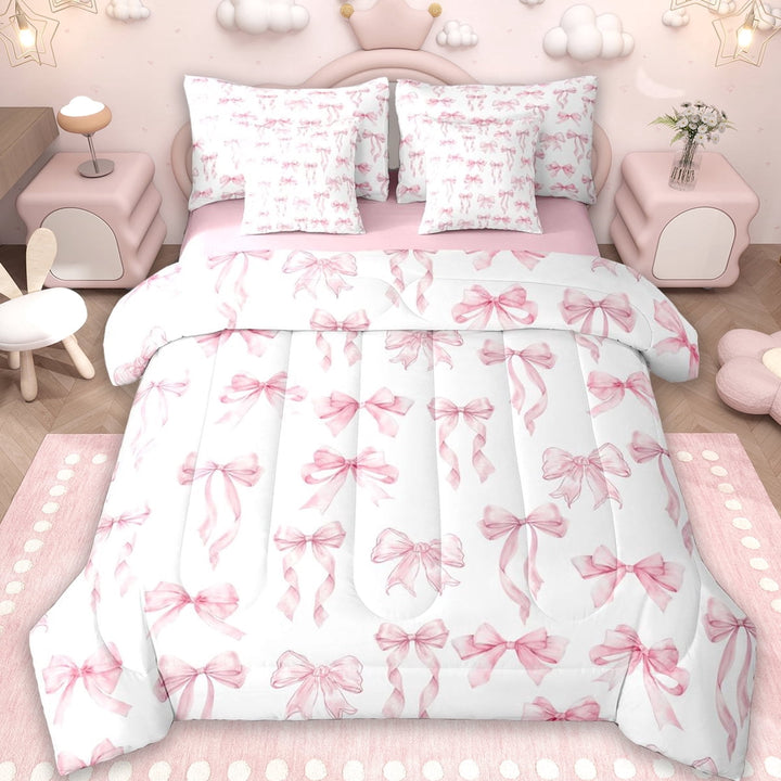 Erosebridal Cute Pink Bowknot 7-Piece Twin Bedding Sets For Girls,Dreamy Princess Style Kids Bedding Comforter Set,Reversible pink