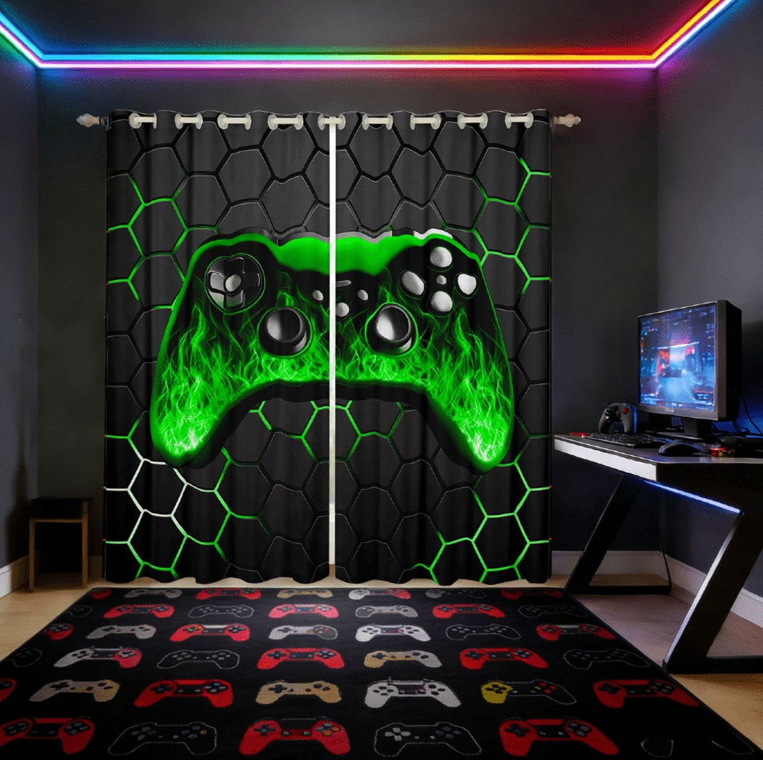 Manfei Game Console Curtains Pack of 2 (38x45),Gamer Gaming Black Out Curtains,Green Geometric Geometric Curtains for Living Room,Breathable Bedroom Decorative
