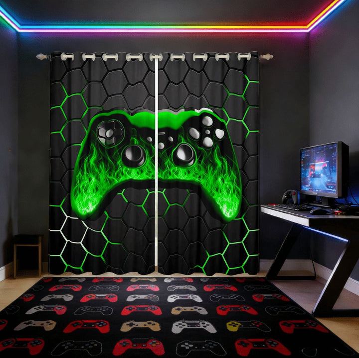 Manfei Game Console Curtains Pack of 2 (38x45),Gamer Gaming Black Out Curtains,Green Geometric Geometric Curtains for Living Room,Breathable Bedroom Decorative
