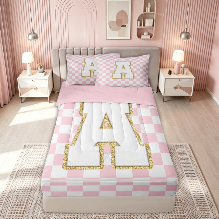 meiyoeat Glitter Print Letter A Zipper Twin Comforter Sets with Fitted Sheet and 2 Pillowcases for Girls, Princess Grid Plaid Zipper Bedding Set, Pink, Pink Reversible, 4pcs