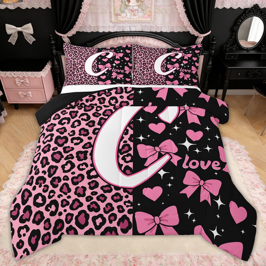 Erosebridal Leopard Print Letter C Full Size Comforter Sets for Girls, Pink Initial Ribbon Bedding Sets, Black Reversible, 3 Pieces