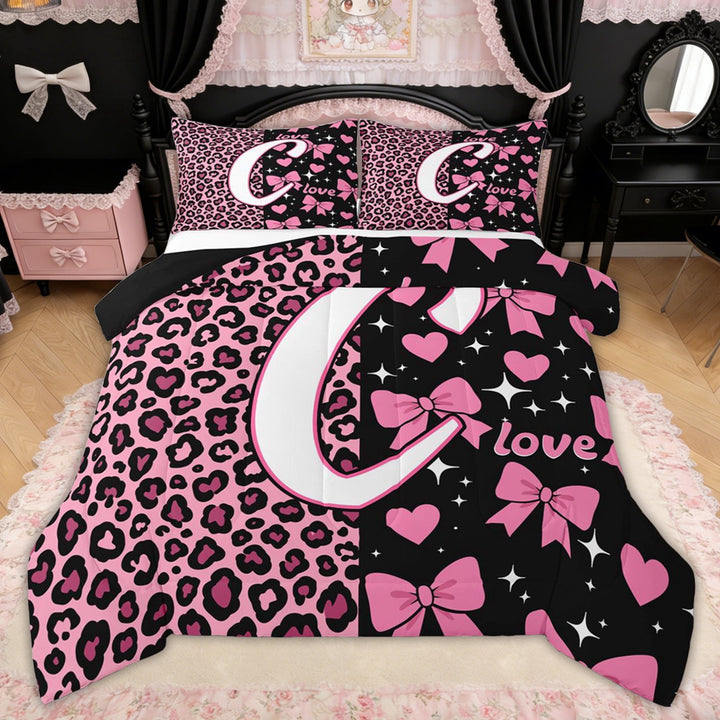 Erosebridal Leopard Print Letter C Full Size Comforter Sets for Girls, Pink Initial Ribbon Bedding Sets, Black Reversible, 3 Pieces