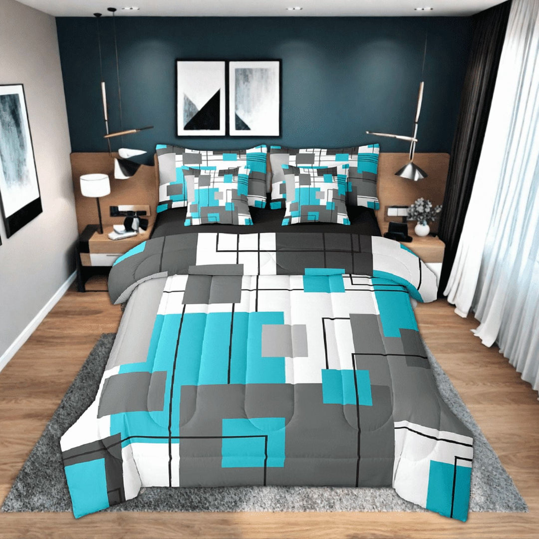 Erosebridal Geometric Square Down Comforter 7 Piece Twin Teal Grey Bed In A Bag Black Gray Turquoise Geometry Comforter Set Adults Modern Abstract Lines Bed Set Rustic Farmhouse Bedding