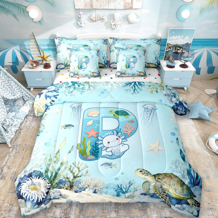 Erosebridal Nautical Coastal Personalized Gifts 7 Pieces Bedding Comforter Set,Blue Kawaii Axolotl Alphabet P Full Bedding Set For Kids,Reversible