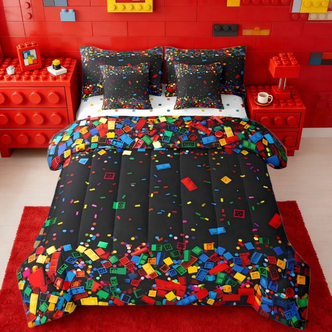 Manfei 3D Building Blocks 7 Pieces Bedding Comforter Set For Boys,Colorful Bricks Rainbow Gradient Full Bedding Set,Black Reversible
