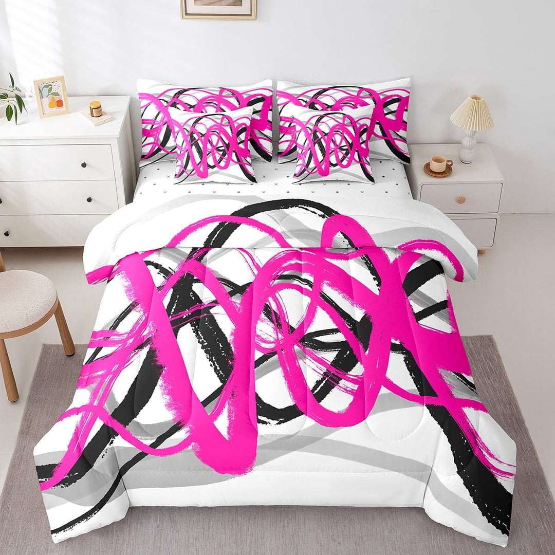 Erosebridal Geometry Lines Bedding Sets Twin Size,Modern Abstract Art Comforter Sets with Sheets,Gradient Black Pink Bed in a Bag Twin Size,Lightweight Bedroom Decorative Reversible,7-Piece