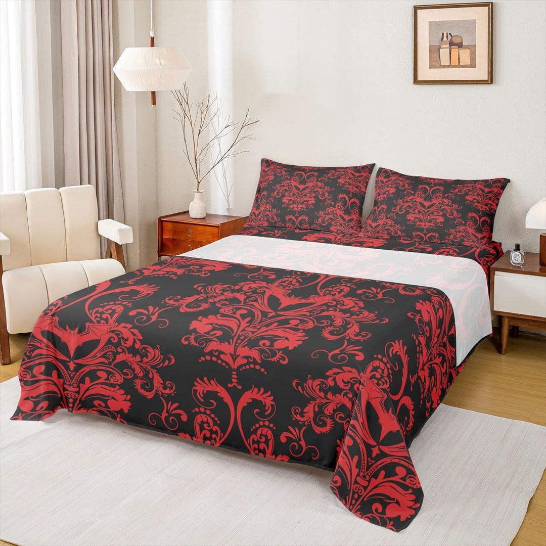 jejeloiu Spooky Bat Pattern Queen Sheet Sets,Vintage Bohemian Flowers Flat Sheet,Red Damask Floral Queen Fitted Sheet For Adults,Ultra Soft Home Decor,4 Pieces