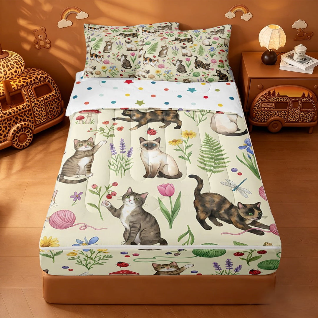 meiyoeat spring Garden Kitten Zipper Full Size Comforter Sets with Fitted Sheet and 2 Pillowcases,Floral Cat Print Zipper Bedding Set,Reversible,4 Pieces