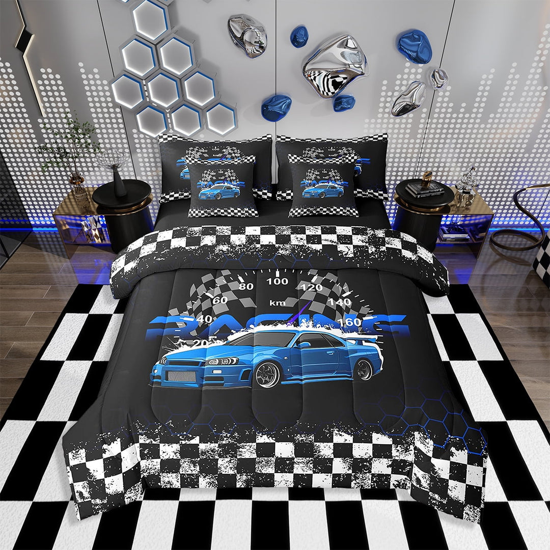 Erosebridal 7 Piece Blue Race Car Bed in a Bag Twin Sports Car Sheet Set,Vehicle Racer Bedding Set with Comforter Automobile Cushion Covers