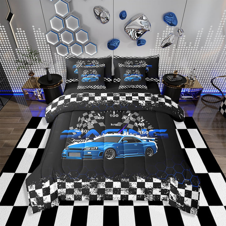 Erosebridal 7 Piece Blue Race Car Bed in a Bag Twin Sports Car Sheet Set,Vehicle Racer Bedding Set with Comforter Automobile Cushion Covers