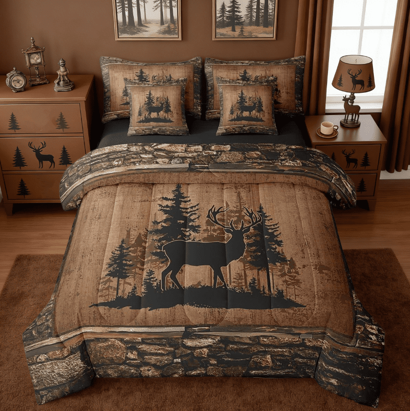 Manfei Jungle Deer 7 Pieces Bedding Comforter Set Kids,Rustic Hunting Cabin Lodge Farmhouse Nature Wildlife Antlers Brown Full Bedding Set Reversible