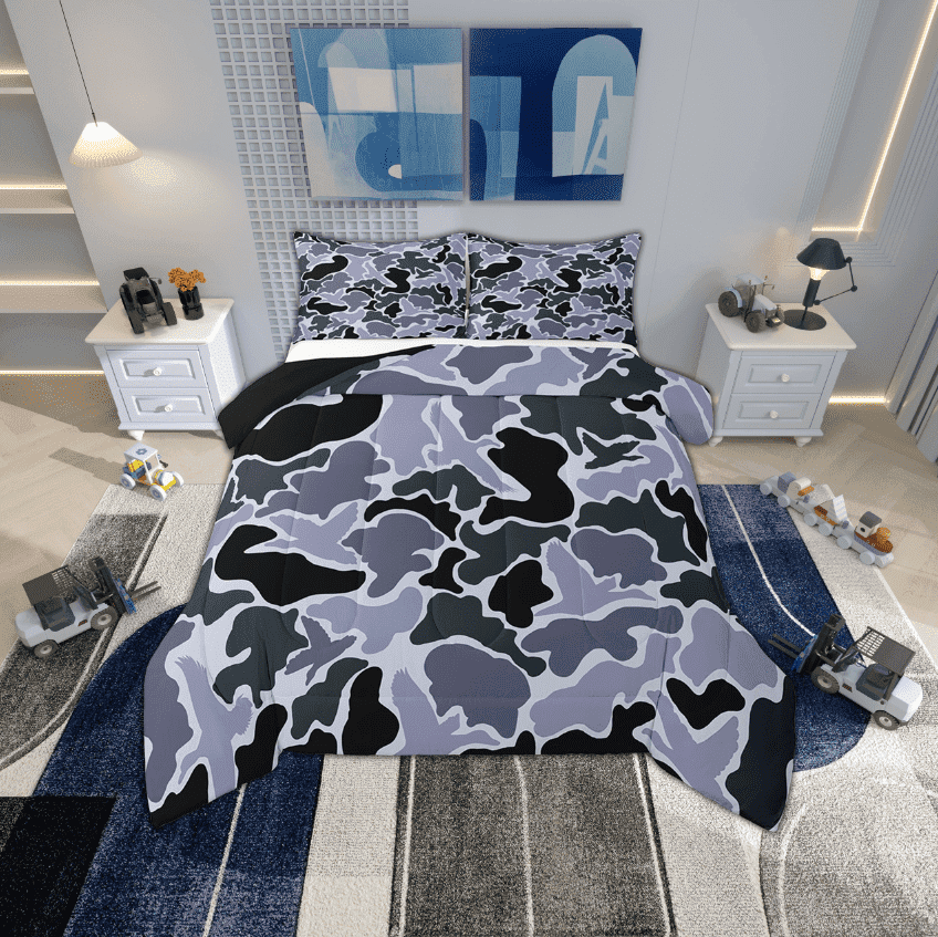 Erosebridal Black Dark Lavender Gray Bedding Sets Twin with Comforter, Abstract Camouflage Camo Duvet Insert, Reversible 2 Pieces