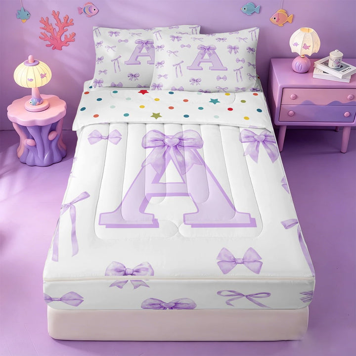 meiyoeat Purple Watercolor Bow Monogram A Zipper Twin Comforter Sets with Fitted Sheet and 2 Pillowcases,Cute Coquette Bow Tie Zipper Bedding Set For Girl,Reversible,4 Pieces