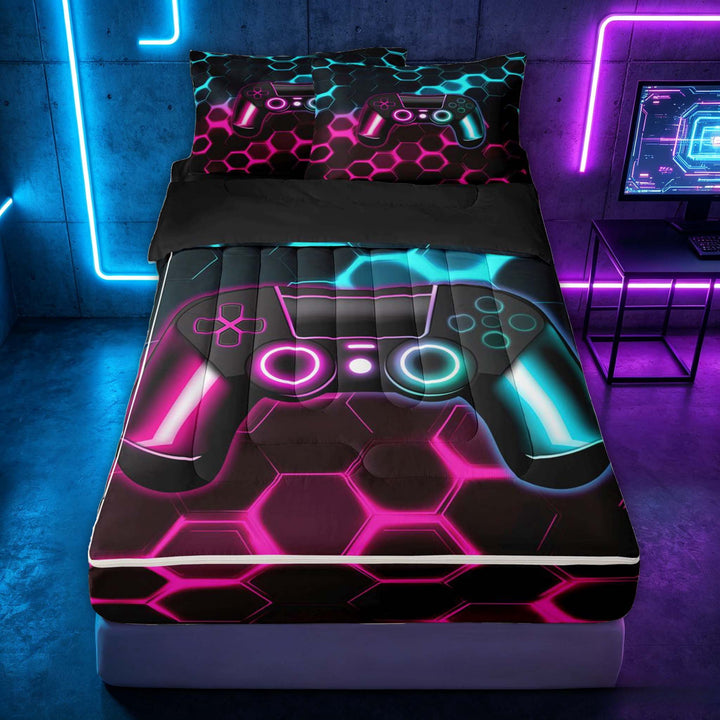 meiyoeat Gradient Gamepad Zipper Twin Comforter Sets with Fitted Sheet and 2 Pillowcases for Boys Gamers, Neon Honeycomb Pink Cyan Gaming Zipper Bedding Set, Black Reversible