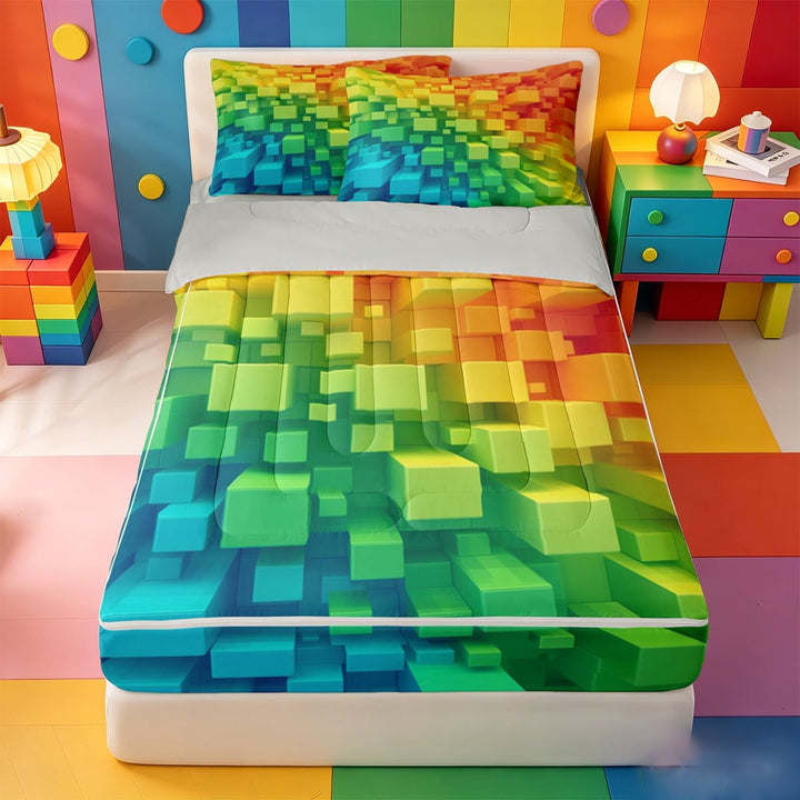 meiyoeat Abstract Rainbow Plaid Zipper Twin Comforter Sets with Fitted Sheet and 2 Pillowcases,Modern Geometric Colorful Plaid Zipper Bedding Set,Reversible,4-Piece