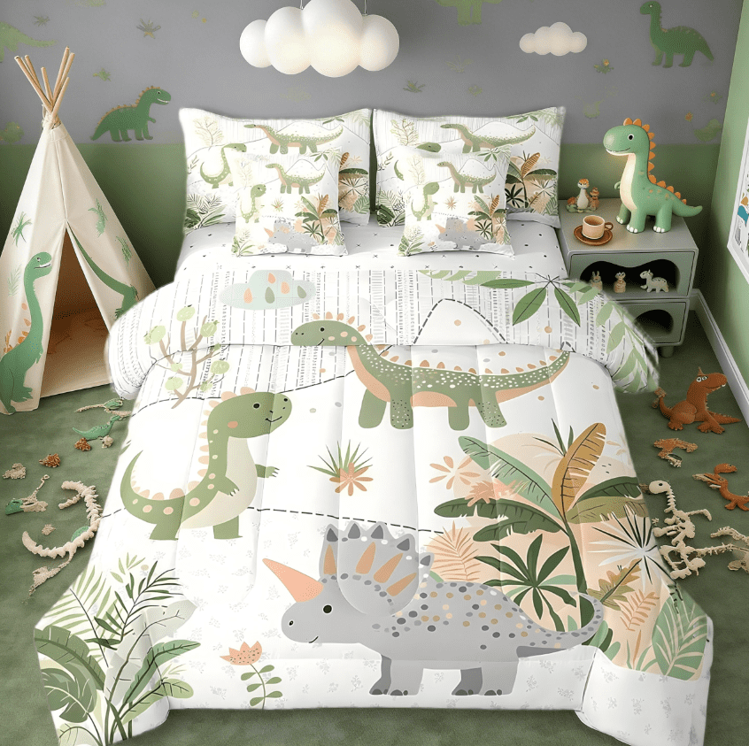 Manfei Kids Cute Dino 7 Pieces Bedding Comforter Set,Cartoon Green Dinosaur Full Bedding Set For Boys Girls,Cute Animal Coconut Plant Bed Set Reversible
