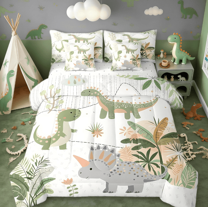 Manfei Kids Cute Dino 7 Pieces Bedding Comforter Set,Cartoon Green Dinosaur Full Bedding Set For Boys Girls,Cute Animal Coconut Plant Bed Set Reversible