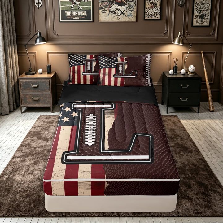 meiyoeat Football Rugby Zipper Full Size Comforter Sets with Fitted Sheet and 2 Pillowcases for Men, Cartoon Letter L Zipper Bedding Set for Man, Brown Red, Black Reversible, 4pcs