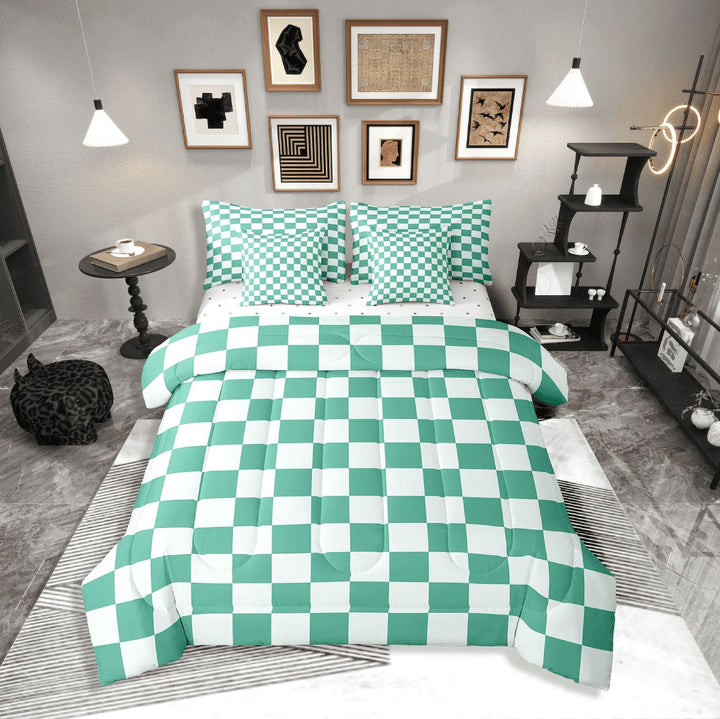 Erosebridal Buffalo Square Bedding Sets Twin Size,Green Teal Comforter Sets with Sheets,Geometric Decoration,Breathable,7-Piece