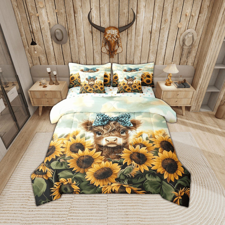Erosebridal Cartoon Highland Bull Bedding Sets Twin Size, Chic Sunflower Blossoms Comforter Sets with Sheets, Reversible 7-Piece