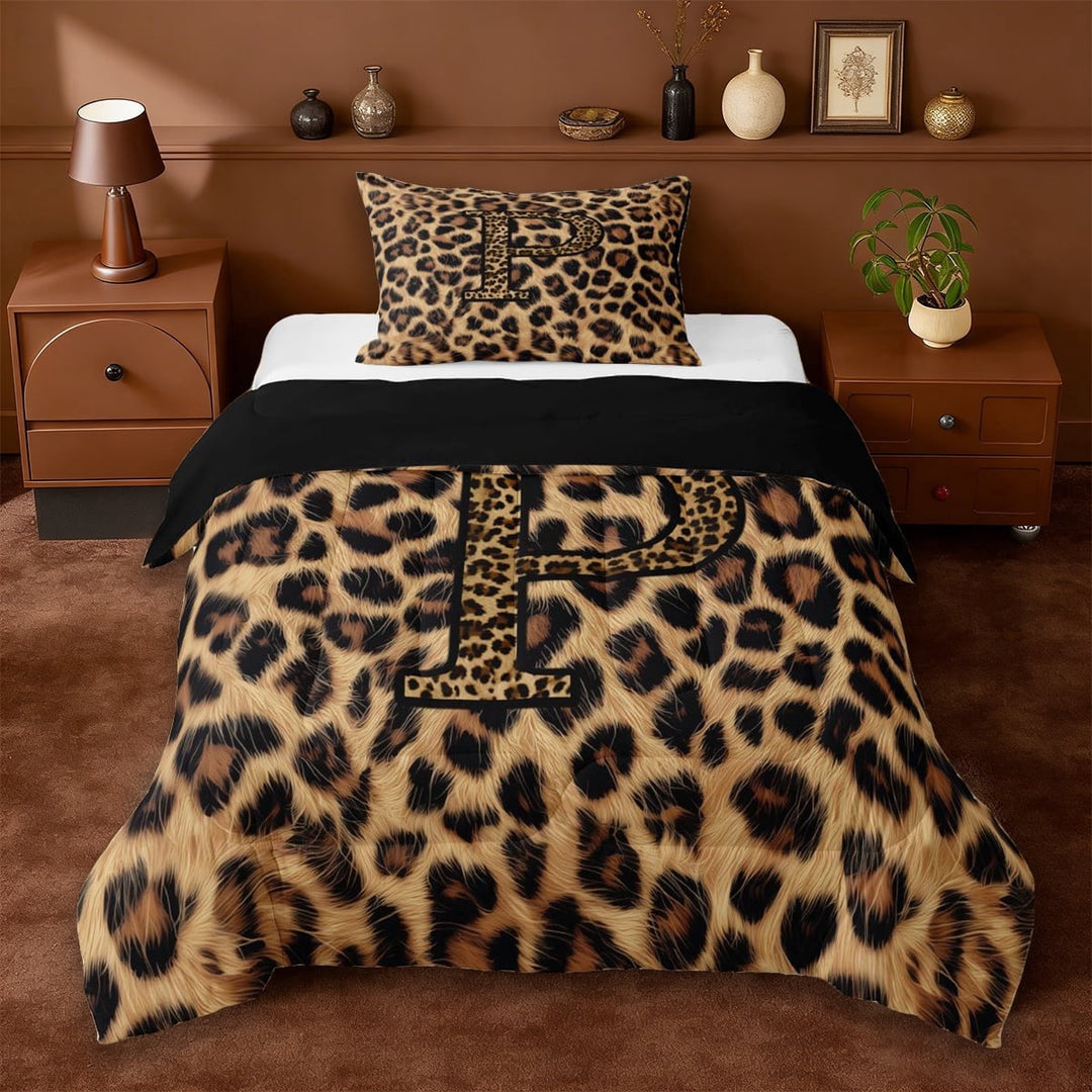 Erosebridal Cheetah Print Twin Comforter Sets For Women,Letter P Monogrammed Bedding Set For Girls Kids,Reversible Black 2-Piece