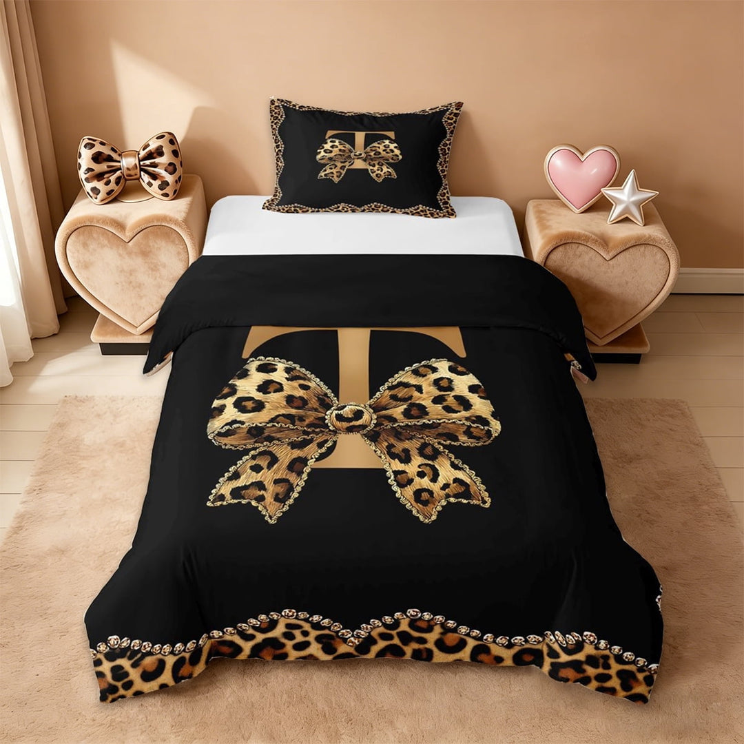 Erosebridal Fashion Letter T Monogrammed Twin Bedding For Cheetah Lover,Brown Leopard Print Cute BowknotDuvet Cover Set For Girls Women,Reversible black,2pcs(No Comforter)