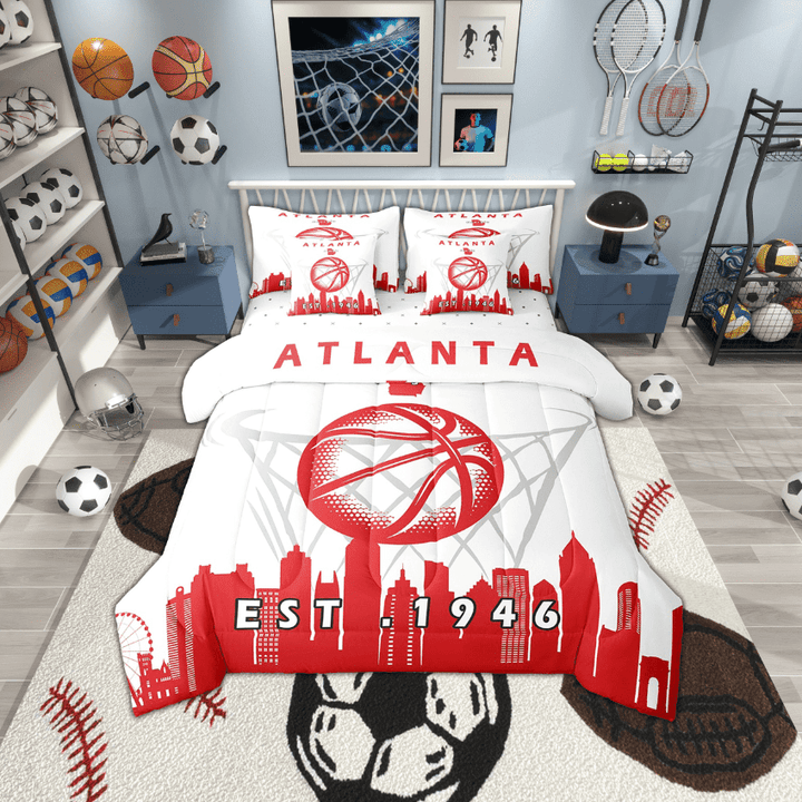 7 Pcs Comforter Set Twin Size,Basketball Bed in a Bag with Flat Sheet and Fitted Sheet and Adults,Sports Bedding Set with Pillowcase and Sham,Atlanta