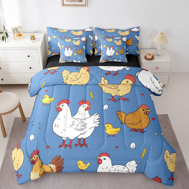 Twin Comforter Set,7 Pieces Farmhouse Chick Bedding Sets Twin Bed in a Bag with Reversible Rustic Bed Set,Chicken Comforter,Sheets,Pillowcases and Shams