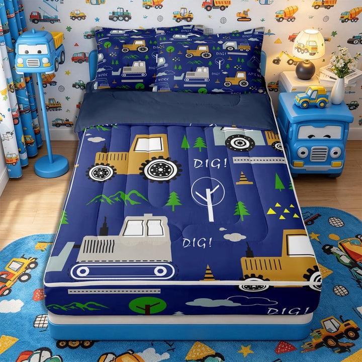 Meiyoeat Cute Construction Truck Zipper Twin Comforter Sets with Fitted Sheet and 2 Pillowcases, Cartoon Car Zipper Bedding Set for Bedroom, Blue Yellow,4-Piece,Navy Blue Reversible