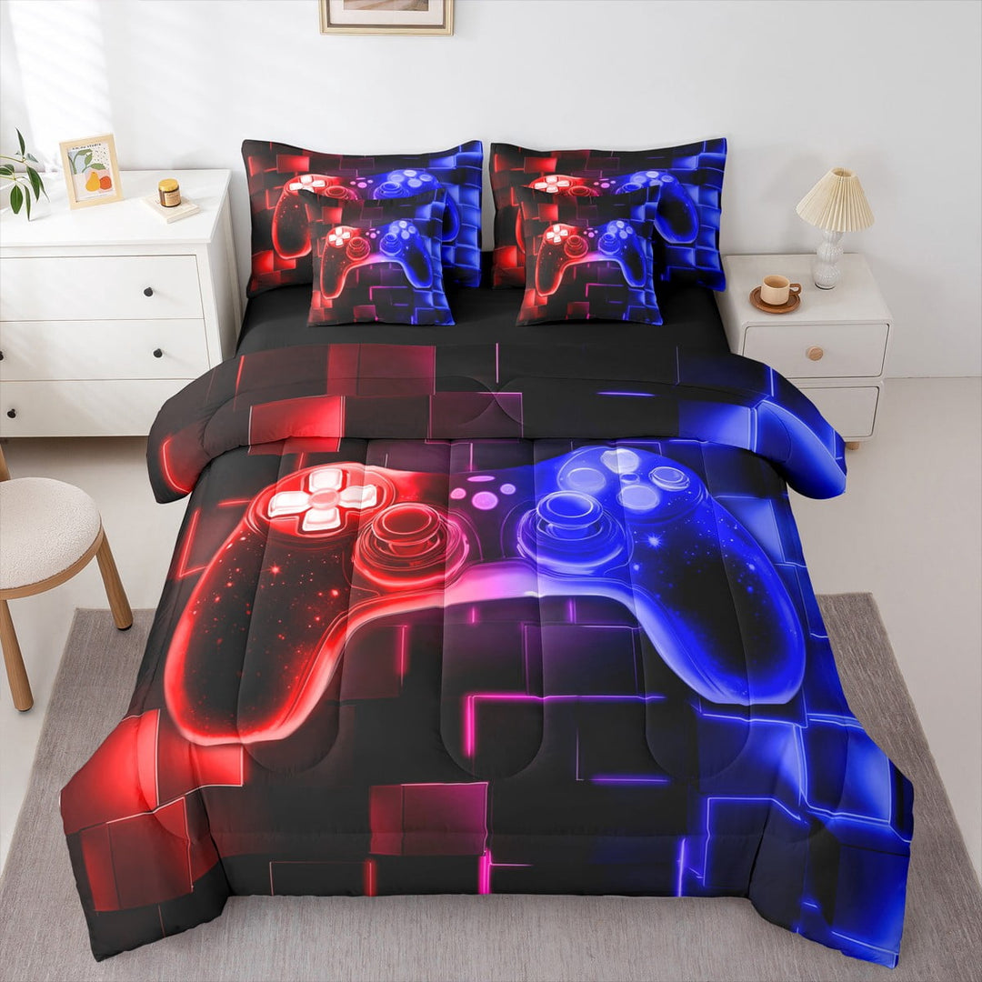 Erosebridal Gamer 7Pcs King Comforter Set For Boys,Gaming Bedding Comforter Set,Video Games Gamepad Bed In A Bag,Neon Glowing Square Geometric Grid Red Blue Bed Sets With Comforter And Sheets