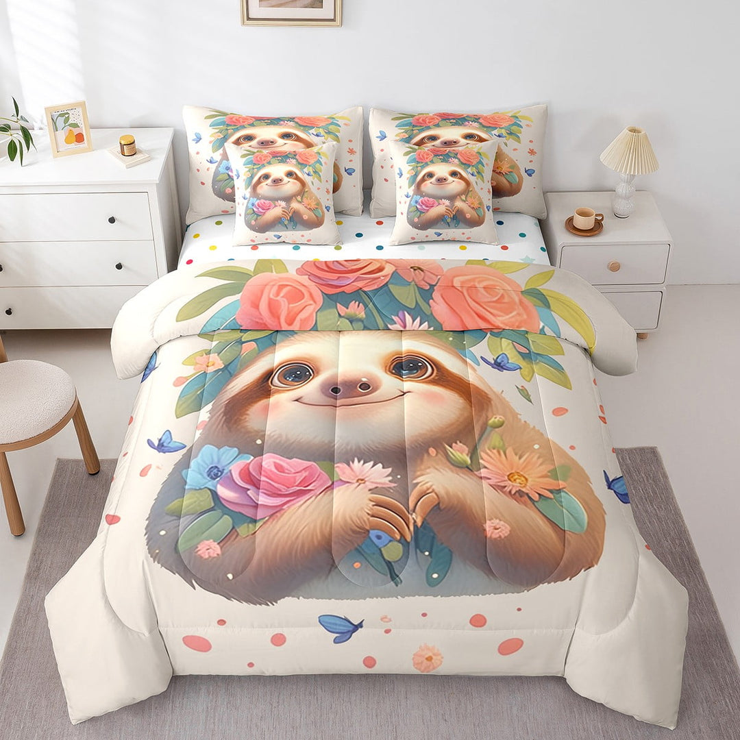 Erosebridal Kawaii Sloth Bed in a Bag Full Comforter Set 7 Piece,Cartoon Sloth Animals Floral Bedding Sets Bedroom Botanical Flower Petals Leaf Sheet Set with Comforter