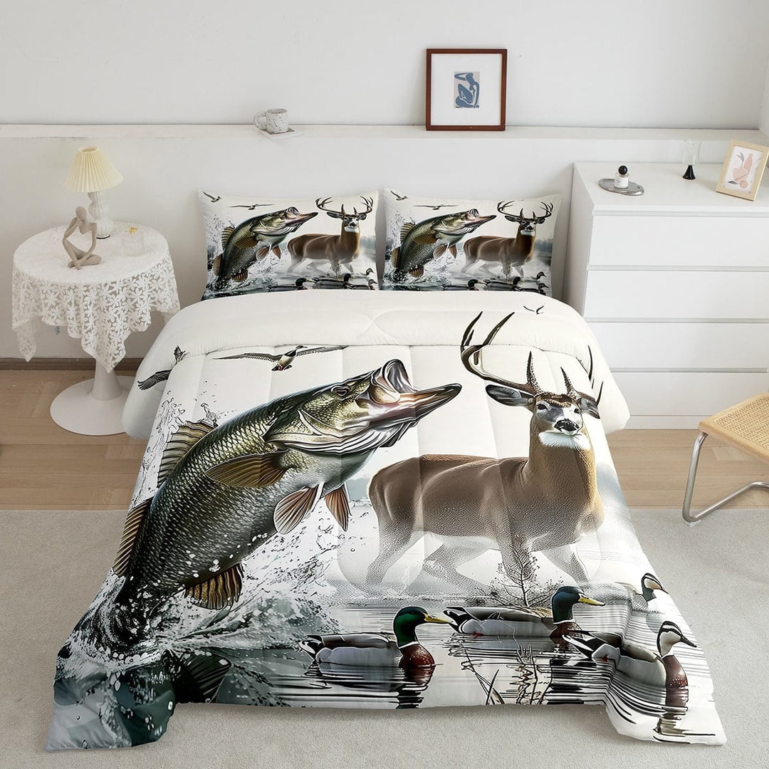 Erosebridal Hunting and Fishing Comforter Sets Full Size, Rustic Deer Comforters &amp; Duvets, Pike Fish Reversible Duvet Insert, Lightweight Bedroom Decoration, 3-Piece