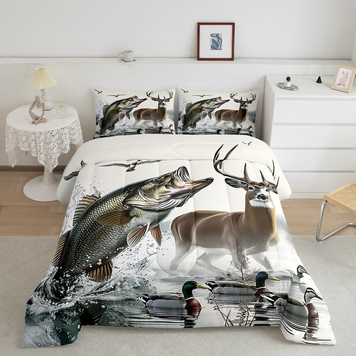 Erosebridal Hunting and Fishing Comforter Sets Full Size, Rustic Deer Comforters &amp; Duvets, Pike Fish Reversible Duvet Insert, Lightweight Bedroom Decoration, 3-Piece