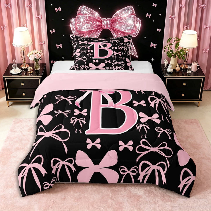 Erosebridal Pink Personalized Initial B Twin Comforter Sets 3-Piece,Cartoon Dreamy Bow Knot Bedding Set,Pink Reversible,Lightweight Room Decor