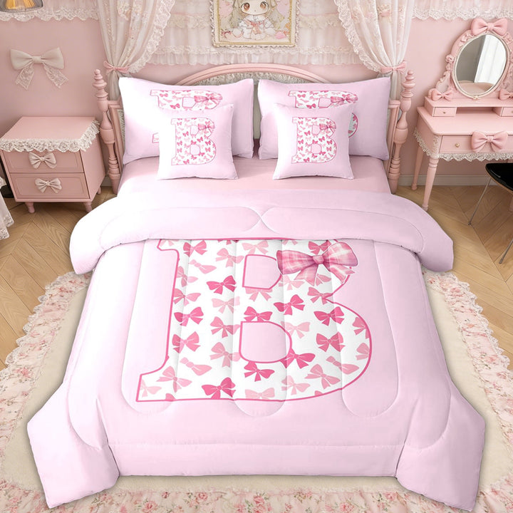 Erosebridal Bow Letter B Twin Bedding Sets for Girls, Pink Initial Ribbon Bedding Comforter Set, Pink Reversible, 7-Piece