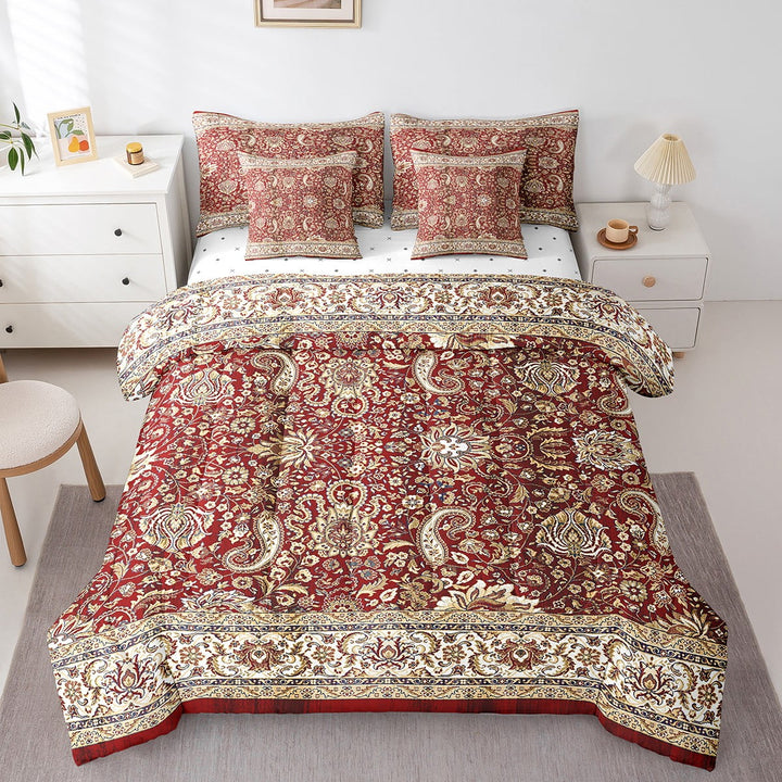 Erosebridal Paisley 7 Pcs Comforter Set Queen, Red Yellow Floral Bedding Set for Men Women, Boho Flowers Exotic Tribal Retro Bed in A Bag Sheet Set Bohemian Damask Medallion Egyptian Quilted Duvet