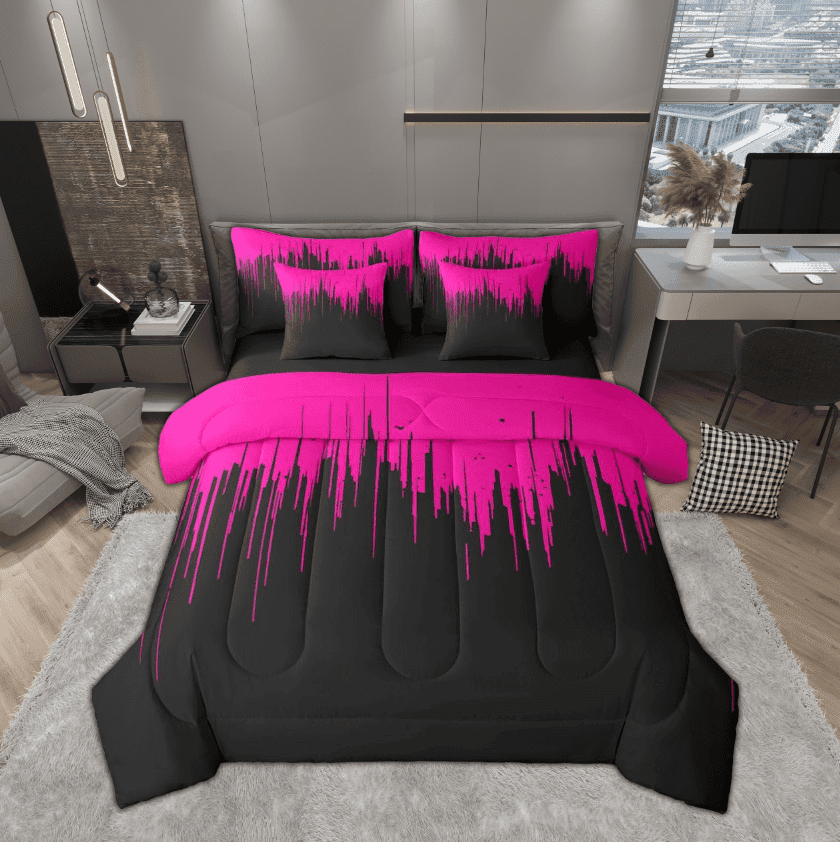 Manfei Black Pink Gradient Bedding Comforter Set 7 Pieces, Lines Full Bedding Set