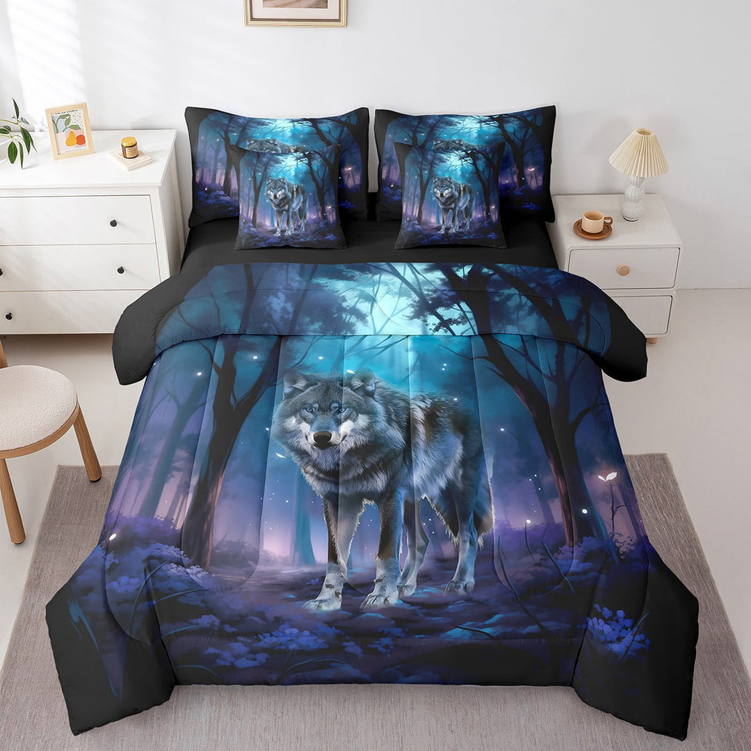 Safari Wolf Queen Comforter Set 7-Piece For Teens Adults Jungle Wild Animal Bedding Sets,Woodland Wildlife Bed in a Bag,Blue Purple Galaxy Sheet Set with Comforter,Glitter Stars Room Decor,Soft Cozy