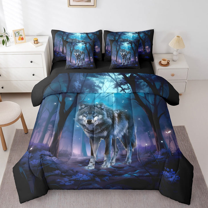 Safari Wolf Queen Comforter Set 7-Piece For Teens Adults Jungle Wild Animal Bedding Sets,Woodland Wildlife Bed in a Bag,Blue Purple Galaxy Sheet Set with Comforter,Glitter Stars Room Decor,Soft Cozy