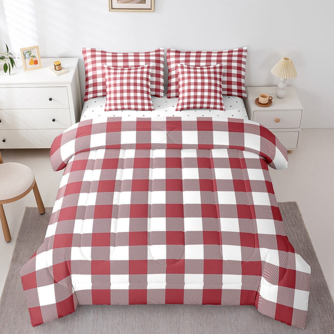 Erosebridal Abstract Grid Bedding Sets Twin Size,Geometric Buffalo Comforter Sets with Sheets,Red White Bed in a Bag Twin size,Ultra Soft Plaid Bedroom Decorative,7pcs