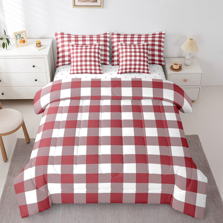 Erosebridal Abstract Grid Bedding Sets Twin Size,Geometric Buffalo Comforter Sets with Sheets,Red White Bed in a Bag Twin size,Ultra Soft Plaid Bedroom Decorative,7pcs