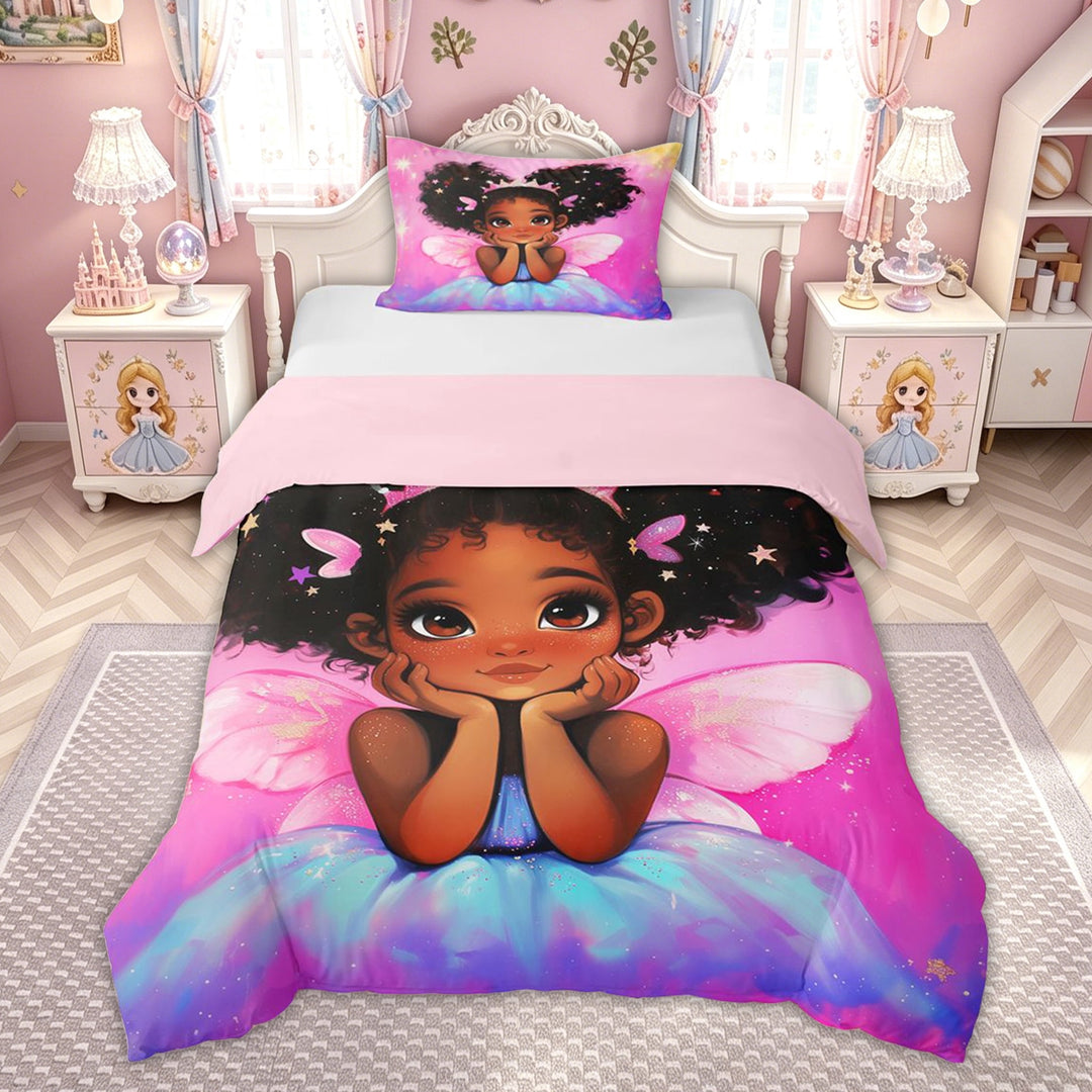 meiyoeat Fantasy Cartoon Fairy Bedding for Kids Girls, Magical Princess Girl Duvet Cover Full, Pink Purple, Pink Reversible, 3pcs