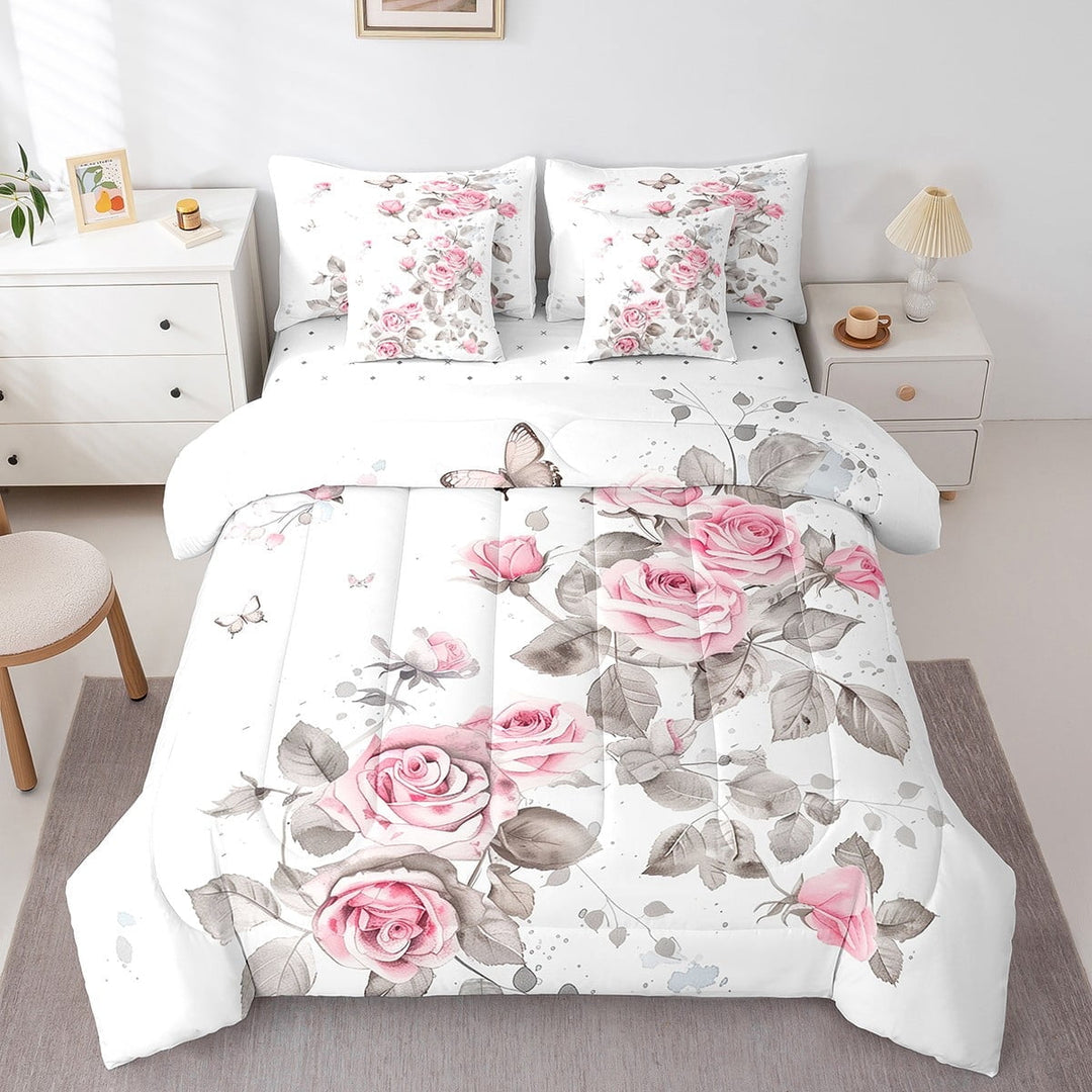 Erosebridal Pink Floral Bed in a Bag Twin size, Chic Flower Bedding Sets, White Pink Grey, Breathable, 7-Piece