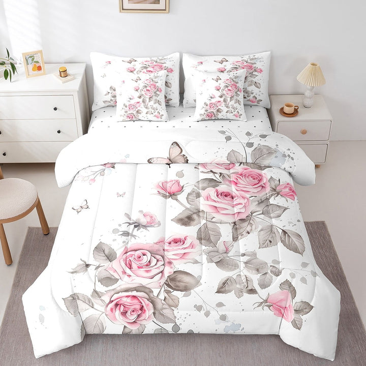 Erosebridal Pink Floral Bed in a Bag Twin size, Chic Flower Bedding Sets, White Pink Grey, Breathable, 7-Piece