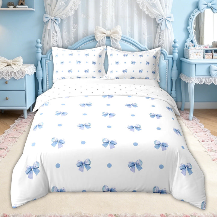 Erosebridal Light Blue Bow Polka Dot Duvet Cover Set for Girls, Blue Ribbon Bedding Full for Kids, Reversible, 1 Duvet Cover and 2 Pillowcases (No Comforter)
