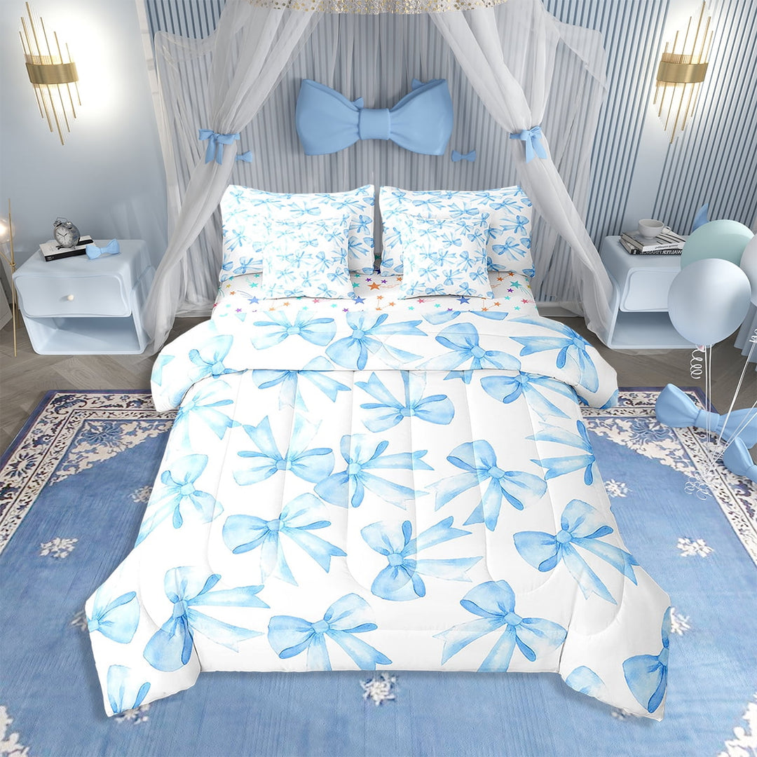 Erosebridal Blue Bowknot 7 Piece Bedding Set Bow Tie Comforter Set with Sheets Twin Size Room Decor Tale Princess Castle Bed in a Bag Watercolor Blue Bow Tie Bed Set